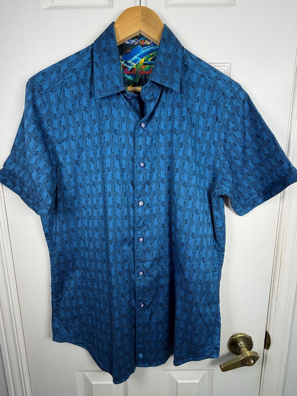 Robert Graham Bright Blue Geometric Button-Up Shirt S Stretch Cotton Classic Fit